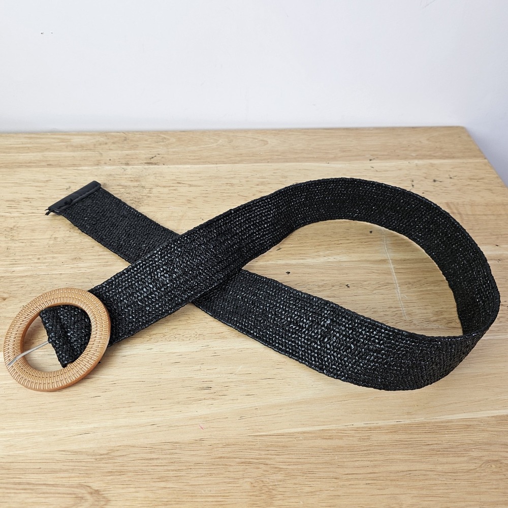 Women's‎ Woven Straw Belt Black Tan Round Buckle Boho Retro Adjustable Waistband